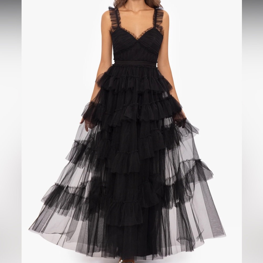 Betsy and Adam “Gigi” Tiered Long Ruffle Mesh Dress